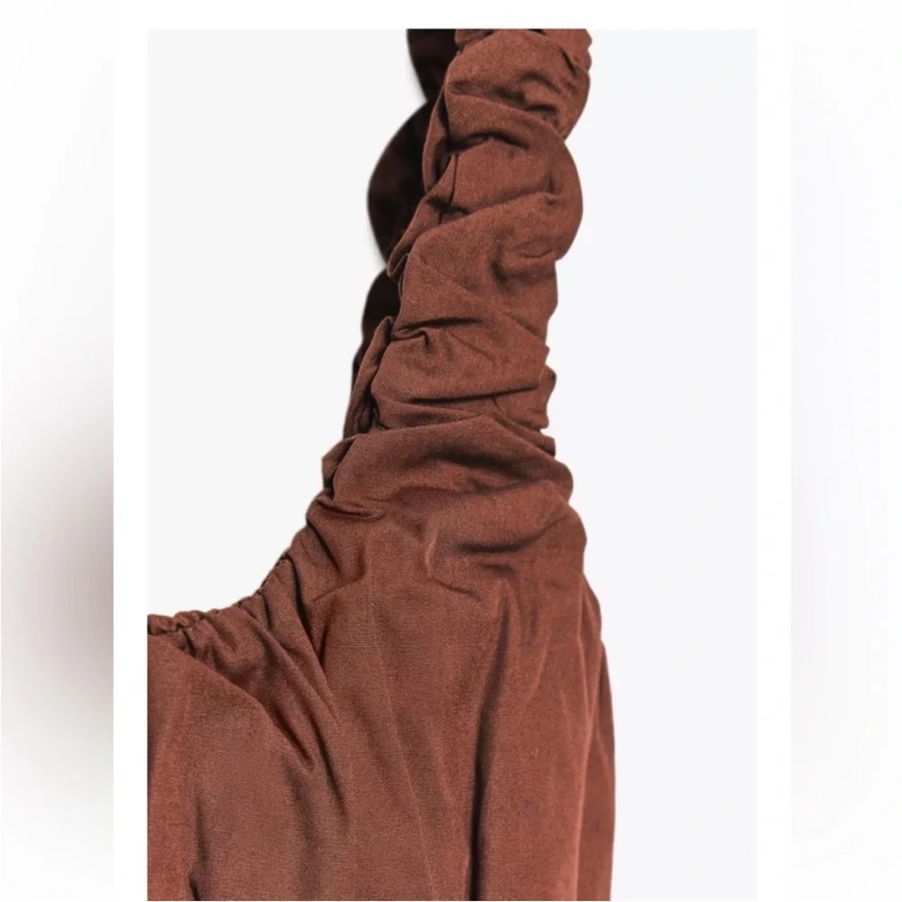 NWT Zara Brown Mixed Interlock Poplin Ruched Crop Top - Picture 5 of 7